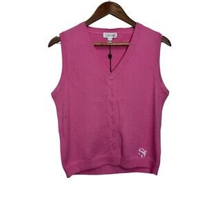 ST JOHN SPORT Wool Pink Knit Vest Small LOGO‎ Preppy Coquette NWT